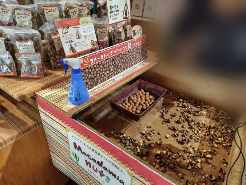 マカダミアナッツのカラ割り体験のコーナー